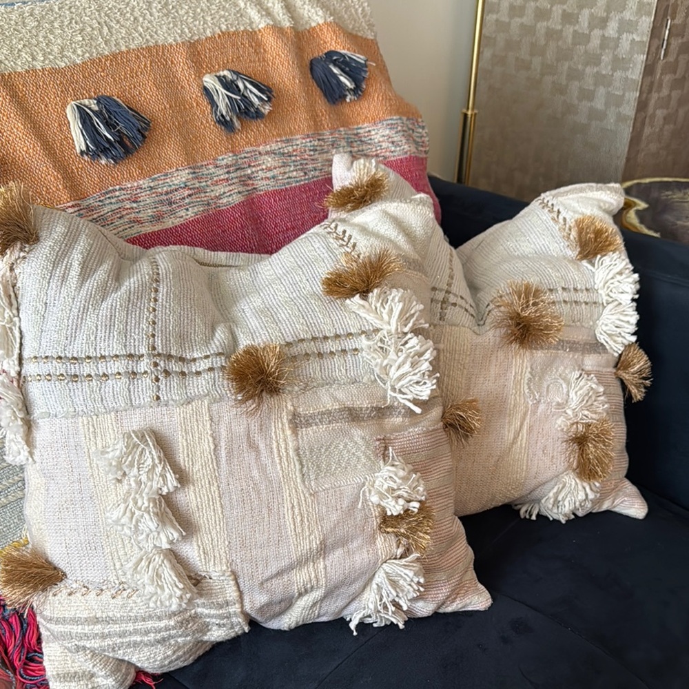 Anthropologie Cream and Tan Bohemian Pillow with Fringe - Picture 6 of 6